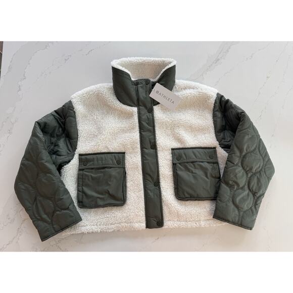 NEW! Athleta Olive Green & White Fleece Hybrid Jacket Women's Crop XL Snap Front - Picture 1 of 12